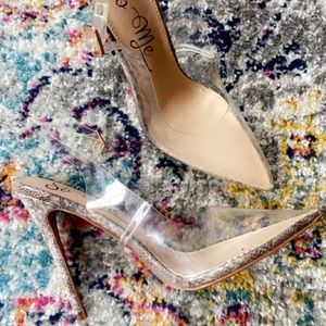 Never Worn. Clear, Closed Toe, Snake Skin Heel